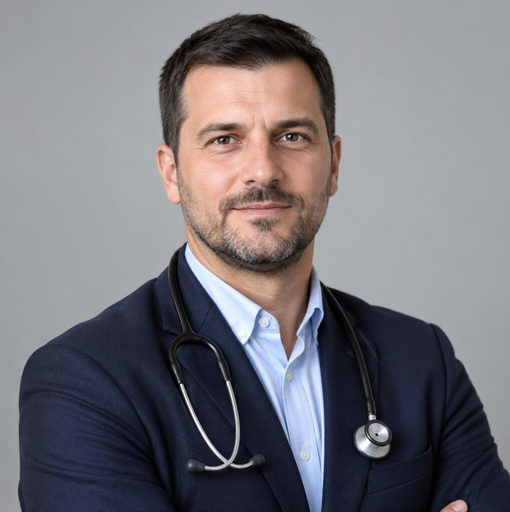 Portrait of a Croatian man with short dark hair and a beard in a jacket