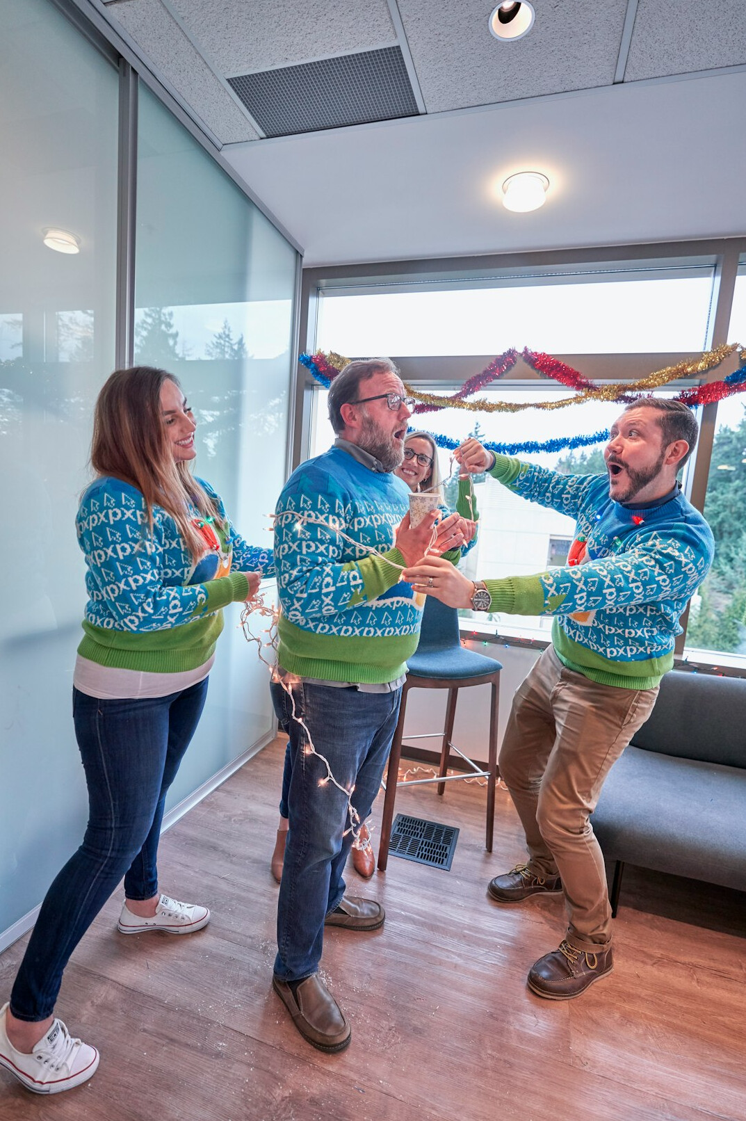 employees doing office stretches