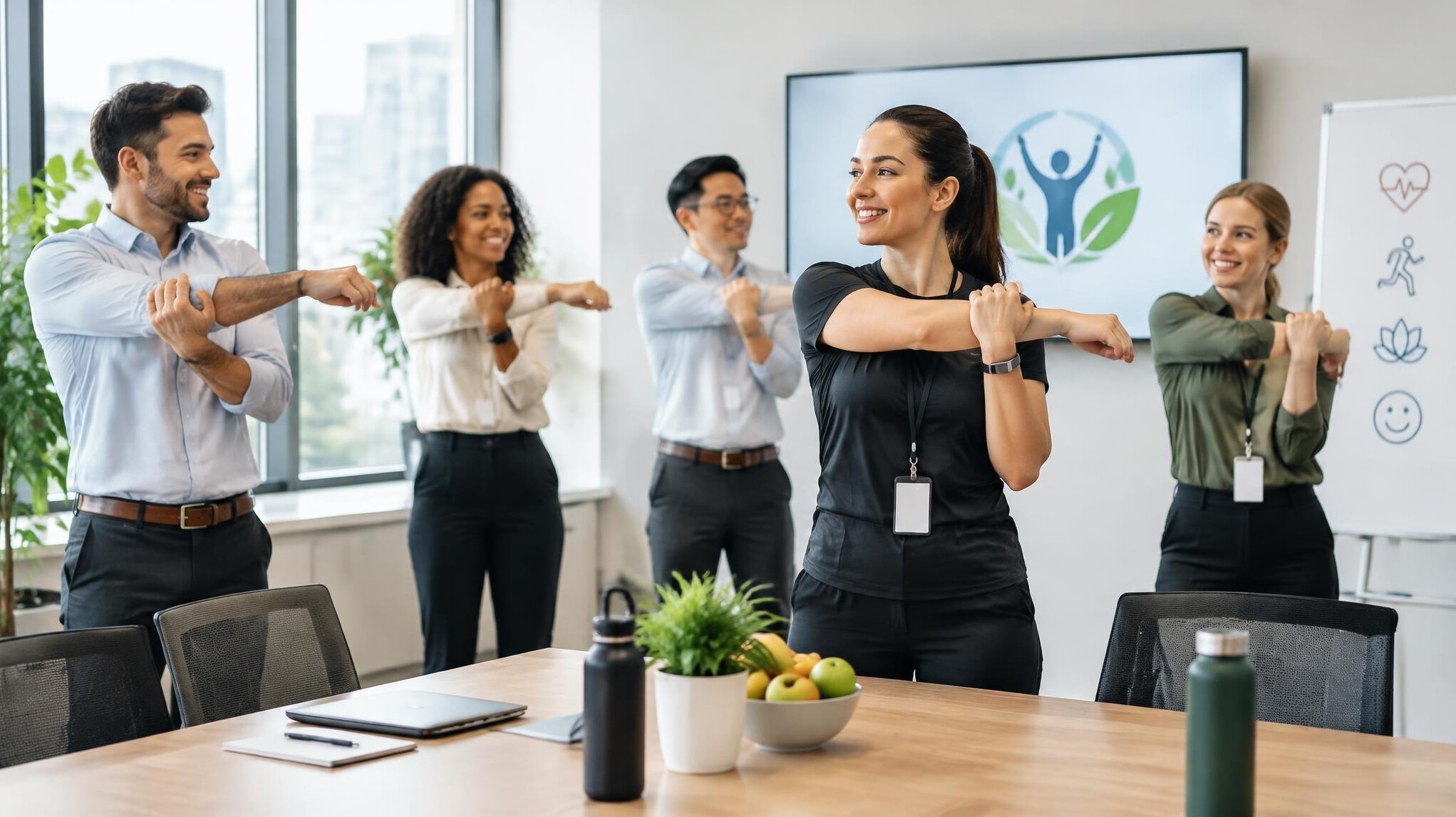healthy employees in office meeting