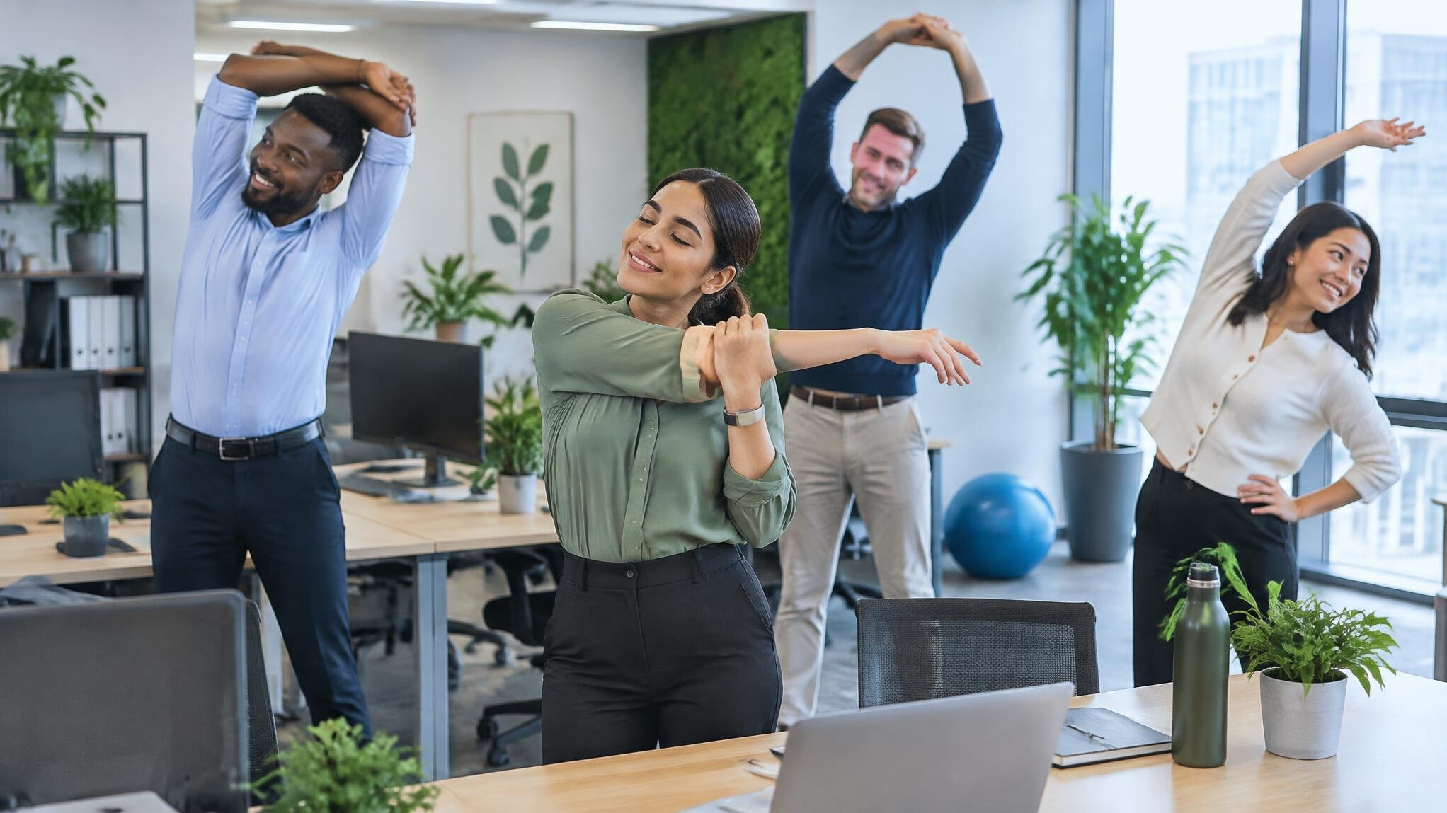 office workers doing stretching exercises