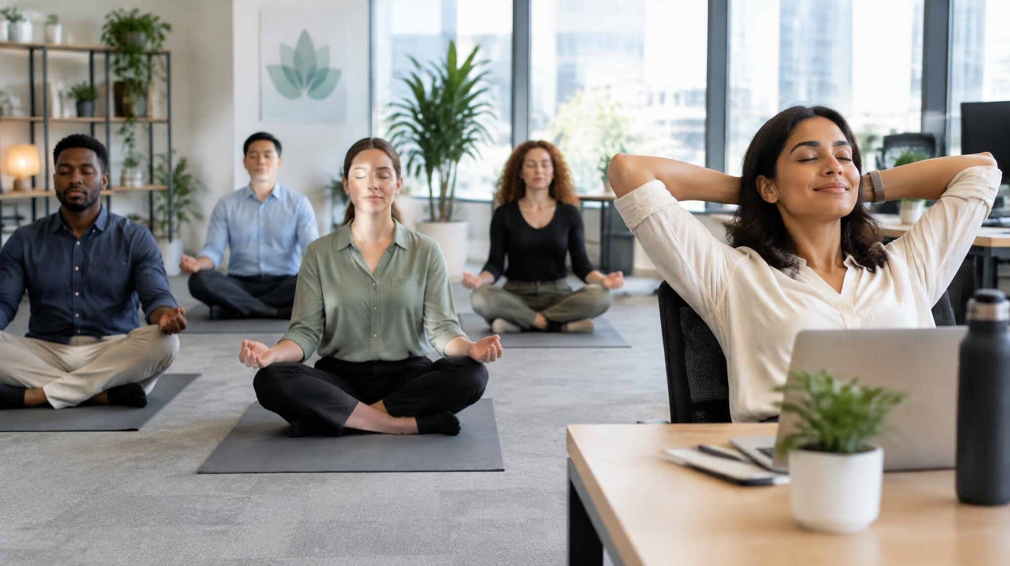 employees doing yoga in office